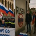 Cheering demonstrators approve of Russia showing growing Russian influence in Georgia while protestors disapprove in Armenia/
