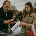 A figure represeting Putin pushing ballots into a Polish election box showing Russian influence in Polish elections