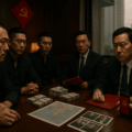 Photo-realistic image of a secretive meeting between Chinese officials and Triad members, symbolizing organized crime and influence operations. The scene takes place in a dimly lit room with CCP emblems subtly visible. Stacks of money, surveillance photos, and a strategic map are spread across the table, suggesting coordination and covert influence efforts. The mood is tense and conspiratorial, highlighting the connection between Chinese state power and organized crime networks.