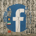 Cracked Facebook logo on a weathered wall surrounded by peeling posters of fake faces, with small Romanian, Iranian, and Chinese flags subtly placed among them—symbolizing Meta’s exposure of influence operations involving Romania, China, Iran, and Facebook itself.