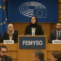 AI-generated image showing FEMYSO at European Parliament amid Muslim Brotherhood controversy