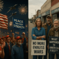 Split-screen photo-realistic image depicting a fractured MAGA movement over Trump's bombing of Iran. Left side shows jubilant Trump supporters in red MAGA hats celebrating under fireworks with a banner reading “Peace Through Strength,” symbolizing support for the Iran strike. Right side shows somber conservatives in a rural town holding protest signs such as “No More Endless Wars” and “What Happened to America First?”, expressing disillusionment with Trump’s foreign policy. The contrast highlights internal division within the MAGA coalition.