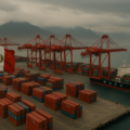 Aerial view of a Peruvian port with red cranes and shipping containers marked in Chinese, as a Chinese cargo ship docks beside them. A Peruvian flag waves in the foreground, symbolizing China’s growing digital influence in Peru through infrastructure and strategic control.