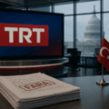image of a modern TRT newsroom in Turkey, with the U.S. Capitol visible through glass walls. A Turkish flag and legal documents stamped "FARA" suggest foreign lobbying and legal scrutiny.
