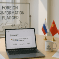 Photo of a modern workspace with a laptop showing a ChatGPT interface warning about AI-generated propaganda. A whiteboard behind it reads “Foreign Disinformation Flagged” with map sketches of Russia, China, and Iran. Small flags from each country are on the desk alongside a report titled “AI Threat Analysis” and an OpenAI-branded coffee mug. Keywords: ChatGPT, propaganda, OpenAI, campaign.
