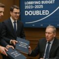 A realistic image of a formal EU meeting room where representatives from the Alliance Defending Freedom present lobbying materials to European Union officials. Two suited lobbyists hand over thick binders labeled “Christian Values Initiative,” while a digital display in the background shows a sharply rising chart titled “Lobbying Budget 2023–2025: DOUBLED.” The EU flag and euro symbol are prominently visible, highlighting the setting. The scene suggests intensified lobbying efforts by the Alliance Defending Freedom within EU institutions.