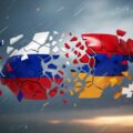"A photo-realistic image depicts fragmented pieces of a stylized Russian flag and Armenian flag drifting apart in a turbulent sky. The Armenian pieces are brighter and more vibrant, while the Russian pieces are darker and fading. The image conveys a sense of separation and the loss of a key alliance."