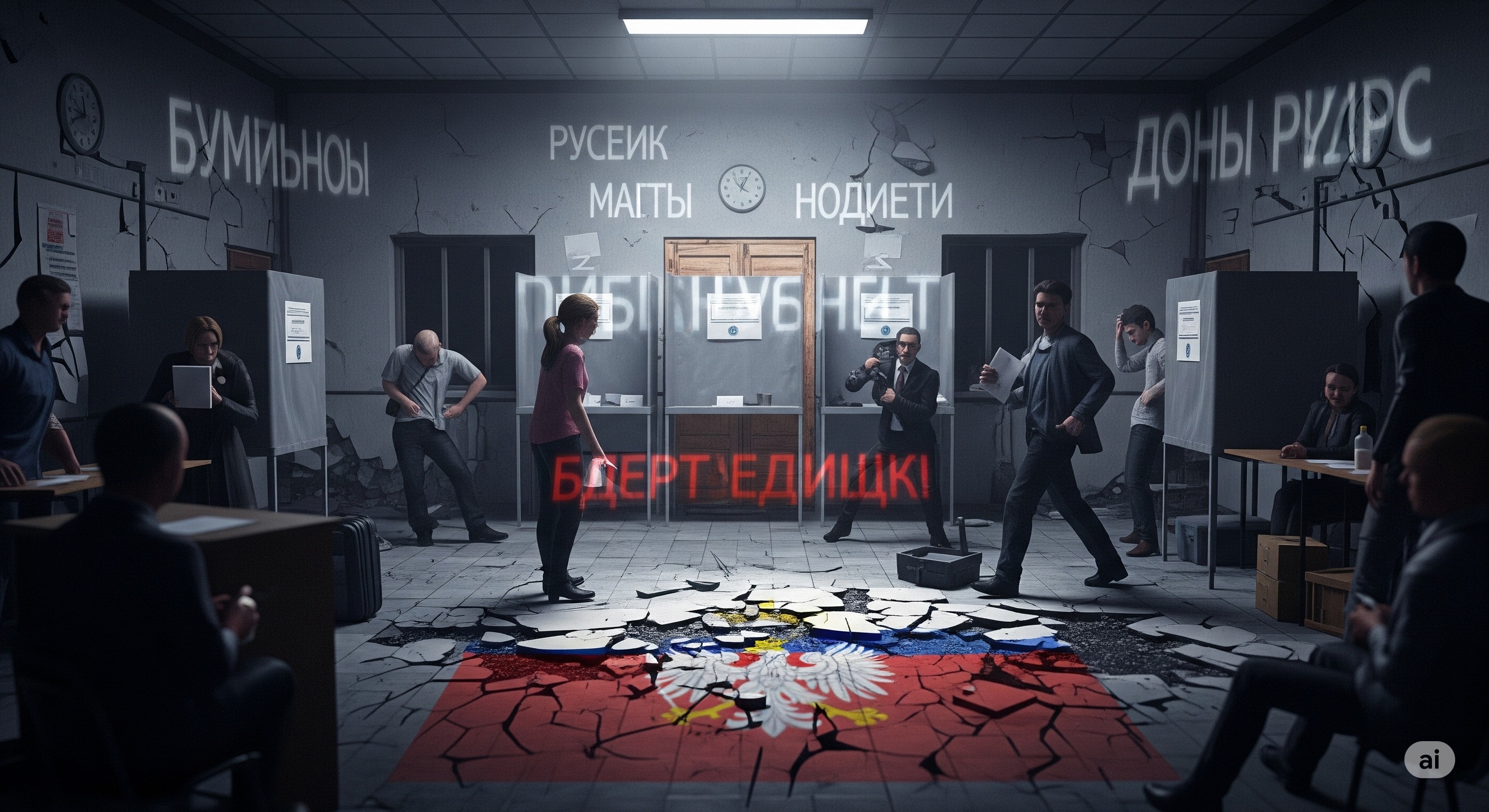 A dimly lit and chaotic photo-realistic scene inside a Central European elections polling station, subtly illustrating Russian influence. Ghostly digital overlays display Cyrillic text, while the building's foundations are cracked, and national symbols appear distorted, conveying a tense and unnerving atmosphere.
