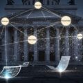 "A photo-realistic image depicting a grand, subtly decaying European building with a dark, translucent, spiderweb-like digital network overlaid. This network, representing Russian propaganda emanating from a 'Pravfond' node, is fracturing and disintegrating, revealing the resilient architecture beneath. Scattered digital projections of leaked documents illuminate the decay, symbolizing the exposure of the Pravfond network's propaganda efforts across Europe."