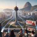 Image depicting the subtle Chinese influence and expansion of its media network in Latin America, showing a broadcast tower in a Latin American city, with tendrils of light extending outwards