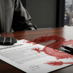 A photo-realistic image shows a polished desk in a modern office, with a partially signed resignation letter. A faint red shadow of a stylized Chinese dragon is cast over the letter, subtly symbolizing Chinese influence and CCP ties. The blurred New York cityscape in the background hints at the context of a Cuomo aide's resignation due to these connections.