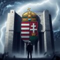 A stylized, almost architectural representation of the Hungarian coat of arms or a cross, stands as a strong bulwark. In front, a lone, resolute figure, reminiscent of Orban, stands against a metaphorical storm of abstract, cold, and impersonal digital elements, symbolizing the EU's perceived influence. The scene emphasizes Christian resilience and national sovereignty, with subtle elements of a supporting rally crowd in the foreground, all taking place in Hungary
