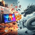 "A photo-realistic image depicting the clash of two forces: a vibrant, colorful representation of India media (stylized newspaper and TV screen) against a subtle, encroaching Chinese dragon. The visual tension symbolizes Chinese influence on India media, with scattered fragments of both Hindi and Chinese text at the point of impact."