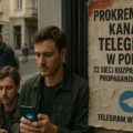 Photo-realistic image of young adults in Poland looking at smartphones displaying the Telegram app, with a nearby poster warning about pro-Russian Telegram channels. The sign, written in Polish, references 22 networks spreading Kremlin propaganda. The scene captures how Russian Telegram channels are influencing public spaces in Poland.