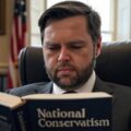 JD Vance reading a book about National Conservatism published by the Edmund Burke Foundation and writen by James Orr