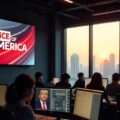 A bustling newsroom in Shanghai, China, filled with reporters of Chinese descent typing furiously at computers. A large screen displays 'Voice of America' being replaced by a Chinese news logo a Russian and Chinese media benefit from Trump decision.