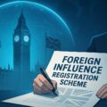 AI-generated illustration of UK government documents and globe, representing foreign influence registration scheme.