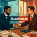 AI image illustrating the UK Islam Channel acquiring historic left-wing magazine Tribune, aiming to expand its print and digital content offerings.