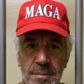 Jeffrey Epstein wearing a Trump MAGA hat in prison representing the conspiracy theories surrounding him