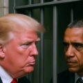 A photo realistic image showing Trump looking at Obama in prison, highlighting the Trump administration, conspiracy theories about the Obama administration and Russian interference in the 2016 election