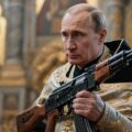 Putin holding a rifle showing how Russia uses the Russian Orthodox Chiurch for influence and hybrid warfare