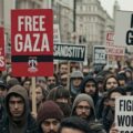 Demonstrators in the UK illustrating the Muslim brotherhood/left-wing alliance
