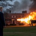 A photo of Donald Trump, looking at a cannon attacking a university showing the pattern of authoritarian attacks in the United States, Russia, and Turkey