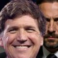 Tucker Carlson with a menacing Israeli figure behind him symbolizing his conspiracy theory about Jeffrey Epstein and the Mossad