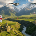 Georgian landscape with Russian military aircraft dropping Russian flag showing influence operations in Georges