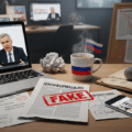 a laptop on a table with papers and a cup of coffee showing Russian fake news operation as part of influence operaitons