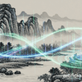 a painting of a river with mountains and trees in China showing an AI center conducting Chinese influence operations