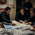 Group discussing plans over map illustrating China influencing elections in New York City