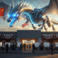 Futuristic dragon over polling station illustrating potential Chinese interference with US elections, using artificial intelligence
