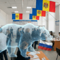 Voting process with bear overlay, illustrating Russian disinformation interfering with Moldovan elections