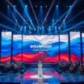 Concert stage with vibrant lighting showing the Russian intervision song contest