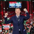 Péter Magyar in a victory pose over victor Orban in Hungary, showing his potential in the next election