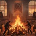 Men burning documents in office. showing the US Department of Justice removing a study on right wing extreme.
