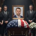Funeral scene with American flag draped. showing global far right leaders mourning the death of Charlie Kirk.