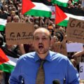 Anas Altikriti, leader of the UK Muslim brotherhood, leading a massive protest against Israel, Israeli policy in Gaza