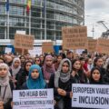 Demonstrators outside the European Parliament protesting against the proposed hijab ban initiated by a Sweden Democrats MEP